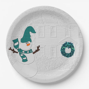 Prato De Papel Wreath Winter in Teal com Snowman Holiday House