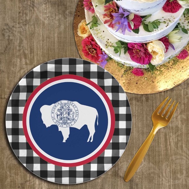 Prato De Papel Wyoming Plate, xadrez de búfalos EUA e Sinalizador (Criador carregado)