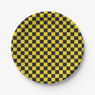 Prato De Papel Xadrez Azul Marinho e Amarelo Dourado