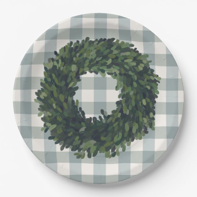 Prato De Papel Xadrez Boxwood Wreath Farmhouse Style Trendy Party (Frente)