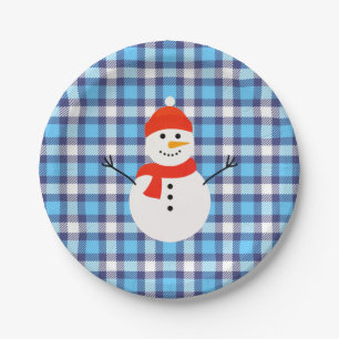 Prato De Papel Xadrez com Snowman