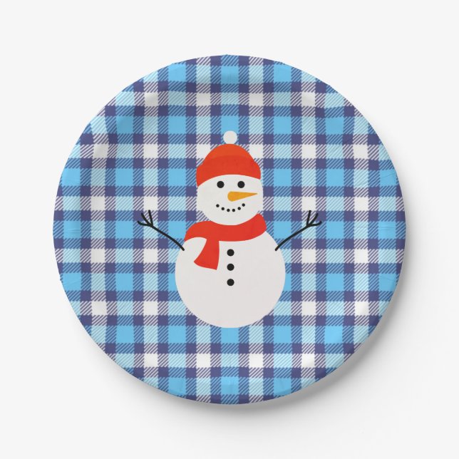 Prato De Papel Xadrez com Snowman (Frente)