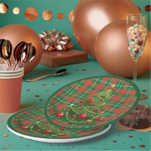 Prato De Papel Xadrez de Natal Verde, Vermelho, Dourado, Branco