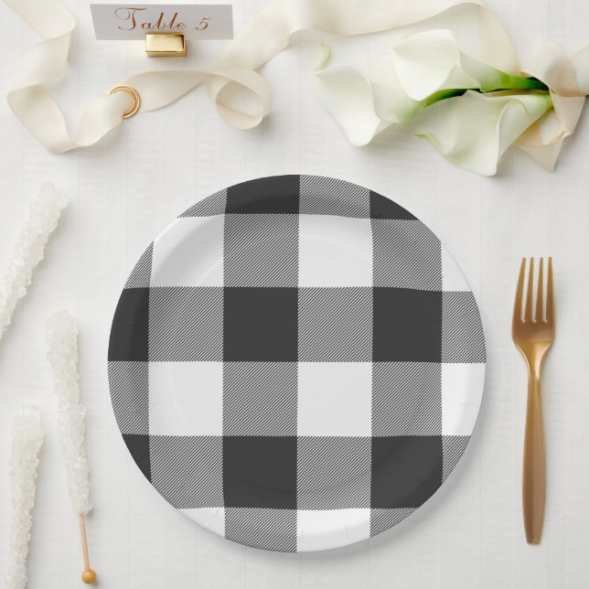Prato De Papel Xadrez do Buffalo Check White e Black Squares (Casamento)