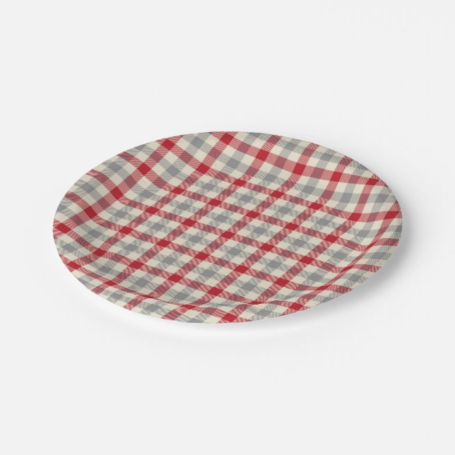 Prato De Papel Xadrez do estilo fazenda vermelho e cinza (Inclinado)