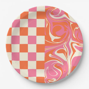 Prato De Papel Xadrez e Redemoinhos - Rosa, Laranja e Creme