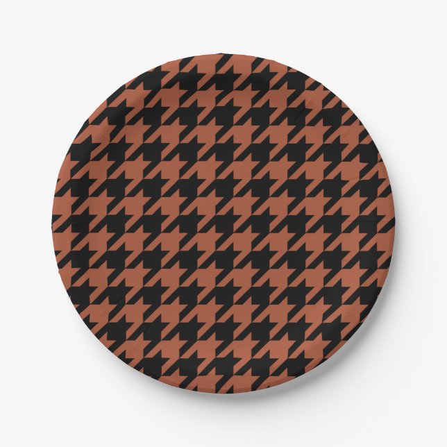 Prato De Papel Xadrez Houndstooth Marrom Preto  (Frente)