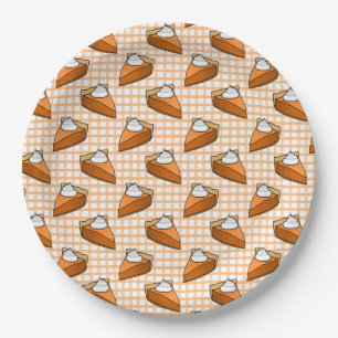 Prato De Papel Xadrez Laranja Gingham Pumpkin Pie Ação de Graças