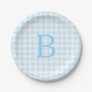 Prato De Papel Xadrez Monogramado Azul Pastel e Branco