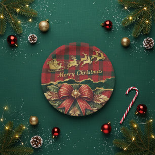 Prato De Papel Xadrez Natal Sleigh Grinalda Feliz Natal Dourado