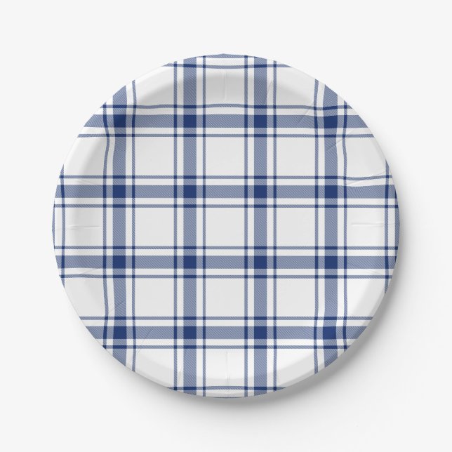 Prato De Papel Xadrez Náutico Azul e Branco (Frente)