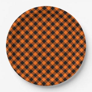 Prato De Papel Xadrez Preta e Laranja