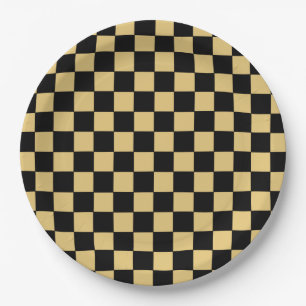 Prato De Papel Xadrez Preto e Dourado