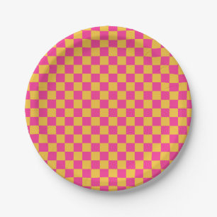 Prato De Papel Xadrez Rosa e Amarelo