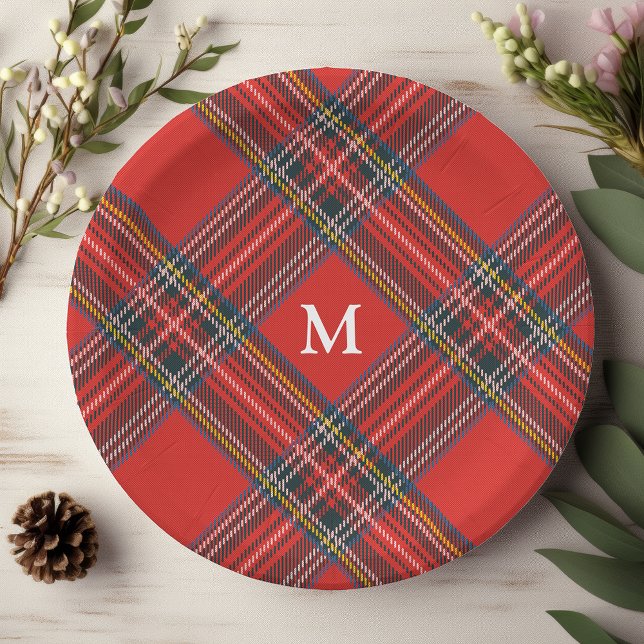 Prato De Papel Xadrez Tartan Monograma Vermelho de Natal (Criador carregado)