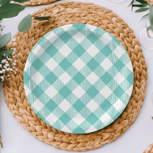 Prato De Papel Xadrez Teal e White Gingham