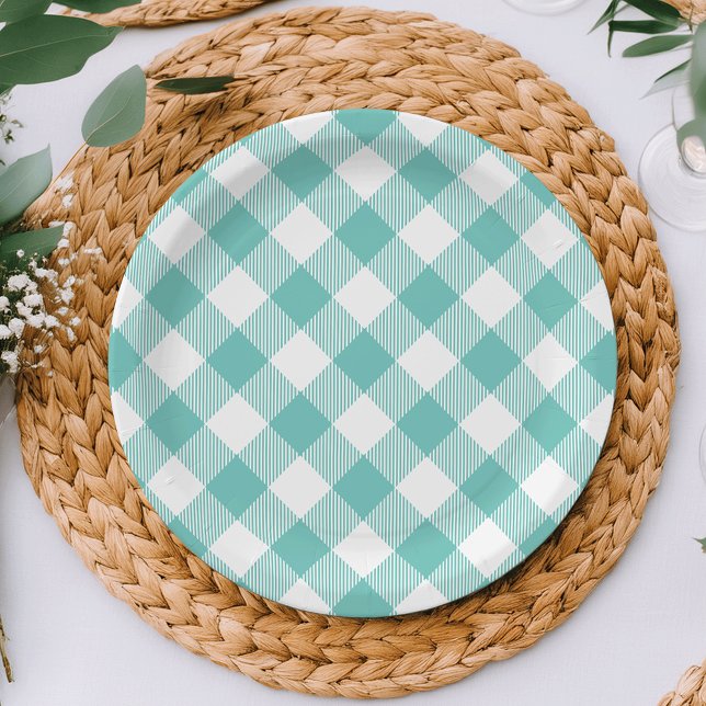 Prato De Papel Xadrez Teal e White Gingham (Criador carregado)