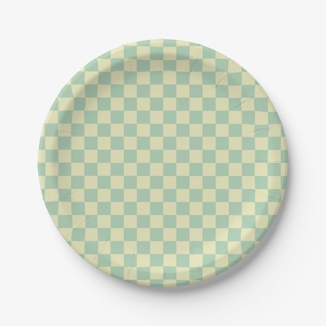 Prato De Papel Xadrez Verde Menta Pastel e Amarelo Pálido (Frente)