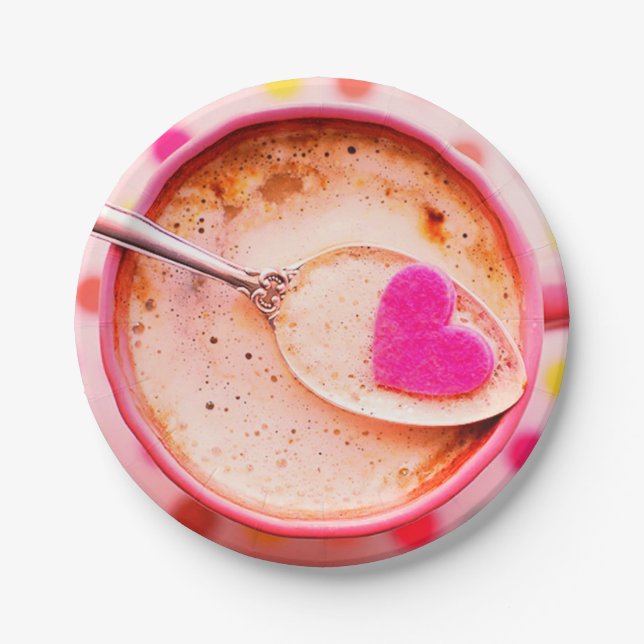 Prato De Papel Xícara e pires rosa café coração de doce  (Frente)