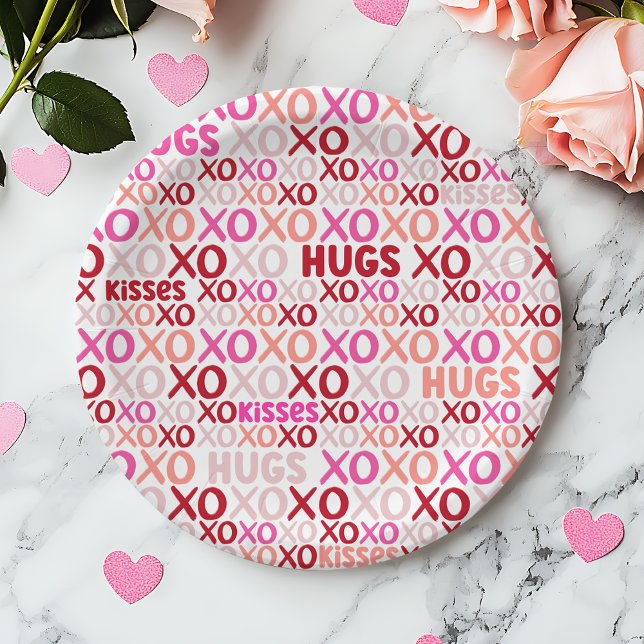Prato De Papel XOXO Hugs e Kisses Pink e Red Galentine Party (XOXO Hugs and Kisses Pink and Red Galentine Party Paper Plates)