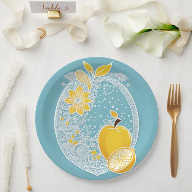 Prato De Papel Yellow and blue fruit patterns AI art  (Casamento)