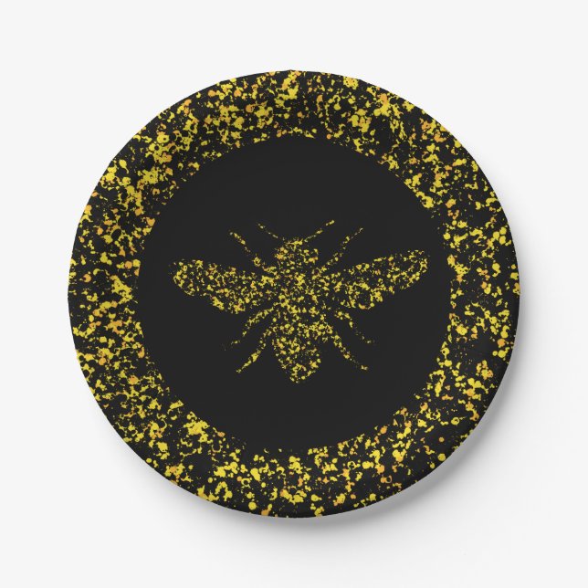 Prato De Papel Yellow bee Splattered Paint  (Frente)