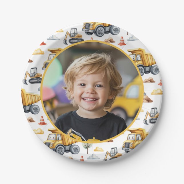 Prato De Papel Yellow Construction Trucks Birthday Photo Kids  (Frente)