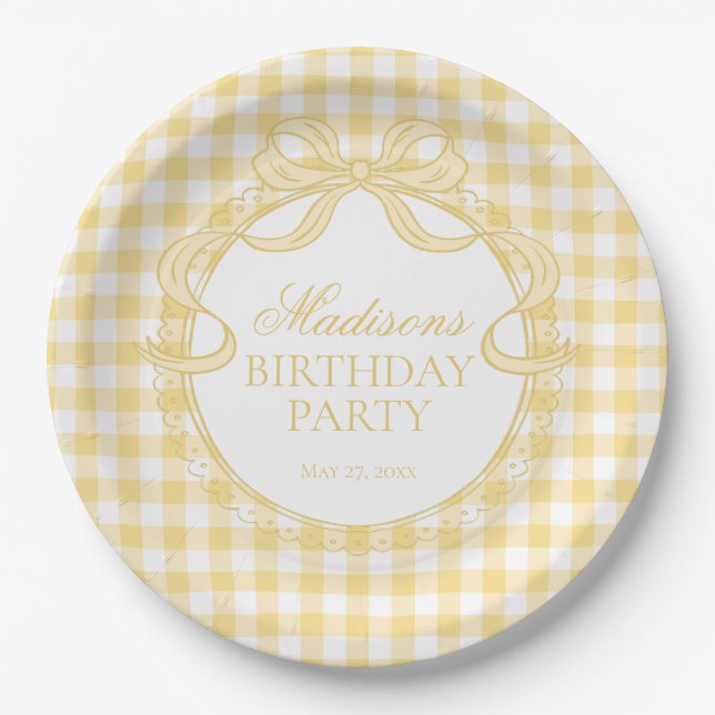 Prato De Papel Yellow Gingham Coquette Bow Birthday Party (Frente)