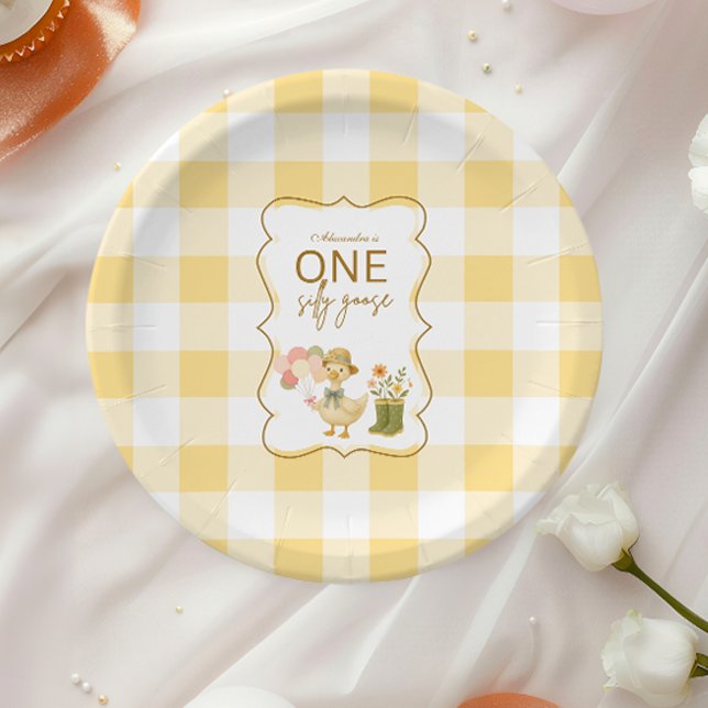Prato De Papel  Yellow Gingham Silly Goose 1st Birthday (Criador carregado)