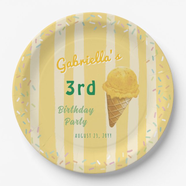 Prato De Papel Yellow Ice Cream Sprinkle Summer Birthday Party (Frente)