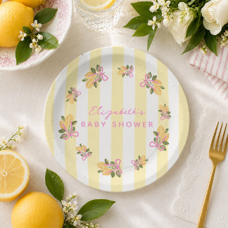 Prato De Papel Yellow Stripe Pink Lemon Baby Shower