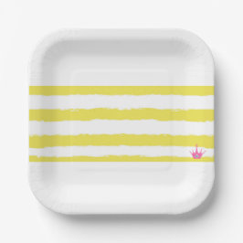 Prato De Papel Yellow stripes and a pink crown Paper Plate