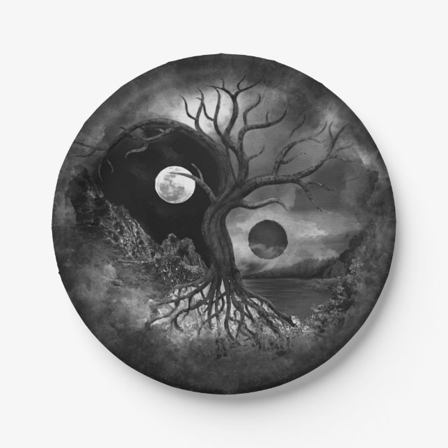 Prato De Papel Yin Yang Tree Landscape Black and White (Frente)