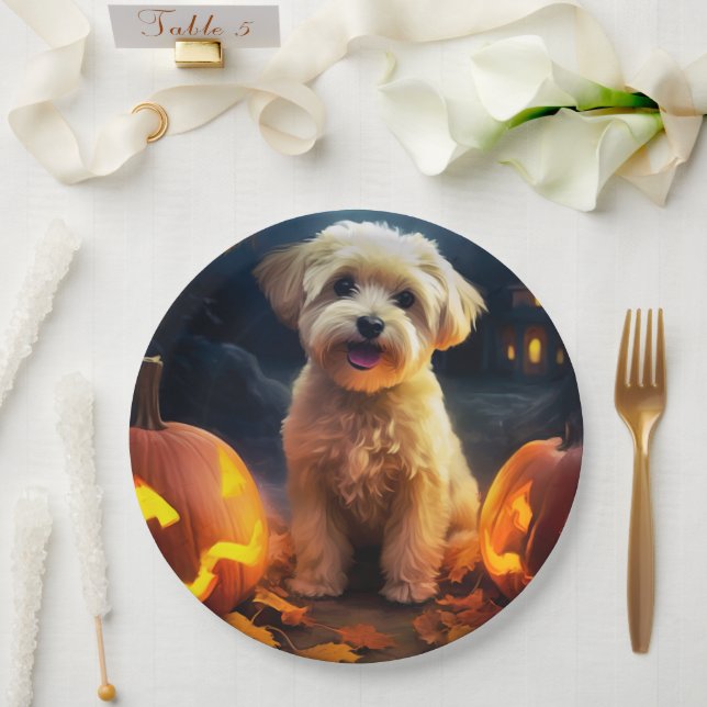 Prato De Papel Yorkipoo do Halloween Com Pumpkins Assustado (Casamento)