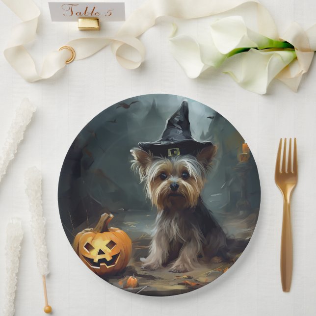 Prato De Papel Yorkshire Terrier Pumpkins Halloween Scary (Casamento)