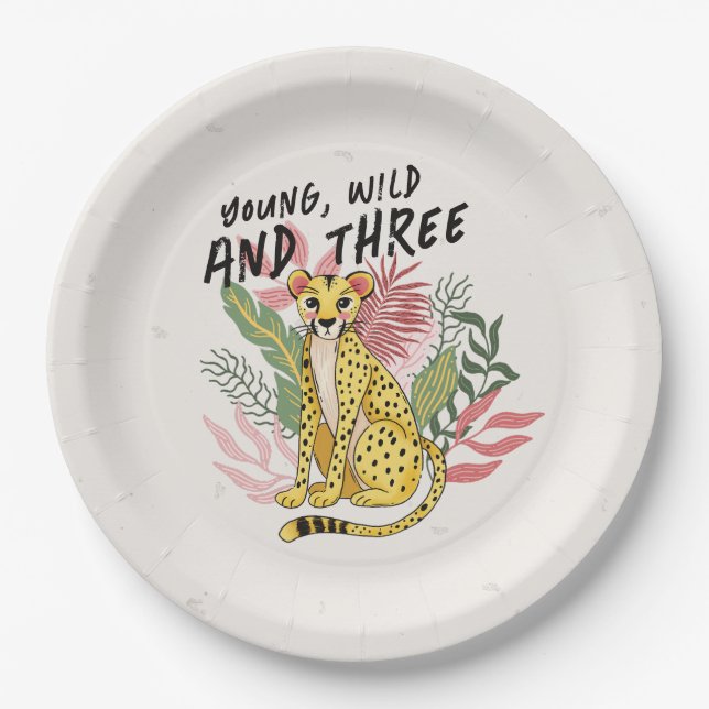 Prato De Papel Young Wild Three Pink Cheetah Kids Birthday Party (Frente)