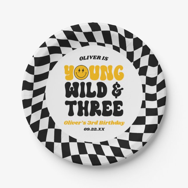 Prato De Papel Young Wild & Three Retro Third 3rd Birthday Party (Frente)