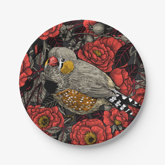 Prato De Papel Zebra finch and red rose bush (Frente)