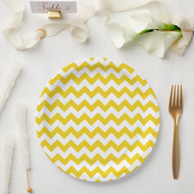 Prato De Papel Zigzag Amarelo, Chevron Amarelo, Padrão Geométrico (Casamento)
