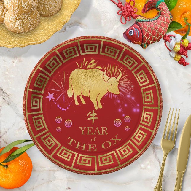 Prato De Papel Zodiac Ox Red/Dourado ID542 chinês (Criador carregado)