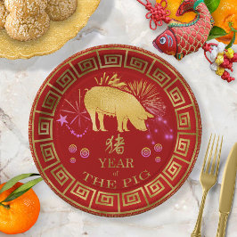 Prato De Papel Zodiac Pig Red/Dourado ID542 chinês