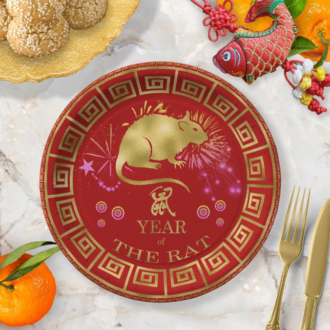 Prato De Papel Zodiac Rat Red/Dourado ID542 chinês (Criador carregado)