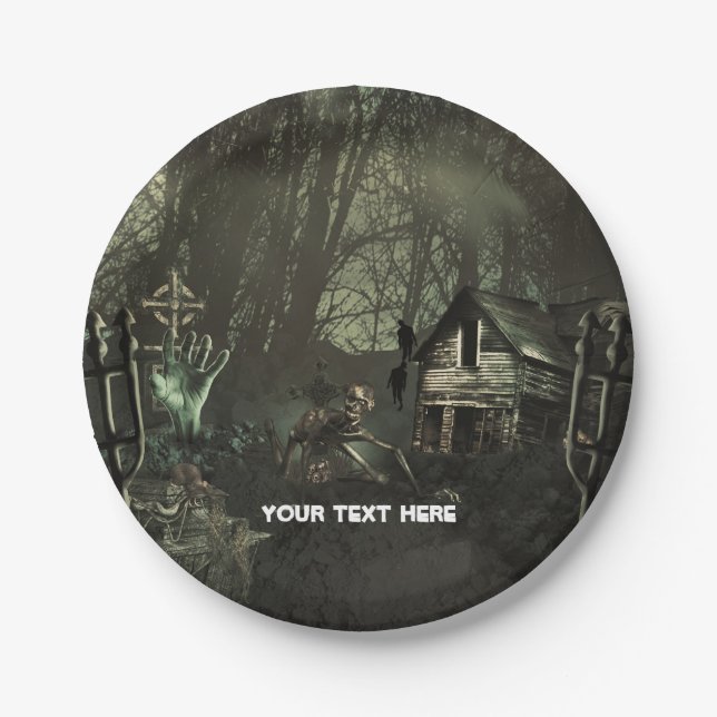 Prato De Papel Zombie Graveyard Festa de aniversário ou Halloween (Frente)