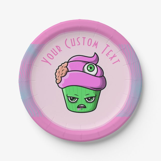 Prato De Papel Zombie Grumpy Muffin Pink Brain Eyeball Halloween (Frente)