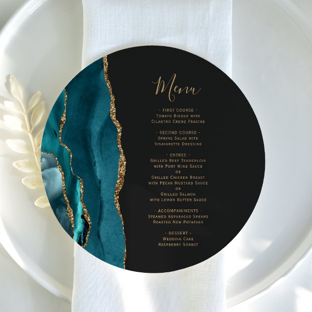 Prato Redondo de Casamento Menu Ágata Dourada Azul (Criador carregado)