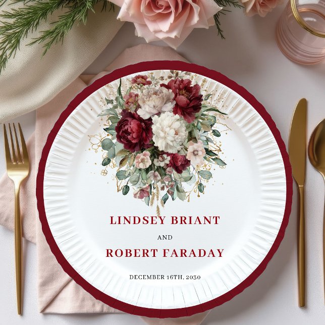 Pratos Boho Dourados Florais Vermelho Escuro Elega (Stylish Deep Red Floral Boho Gold Plates)