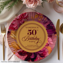 Pratos de Aniversário de 50 anos Aquarela Rosa Mag