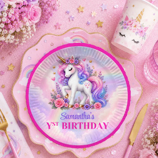 Pratos de Aniversário de Menina Rosa Roxo Unicórni