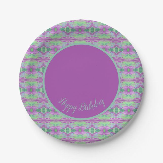 Pratos de Aniversário de Papel Verde Lima e Roxo A (Frente)