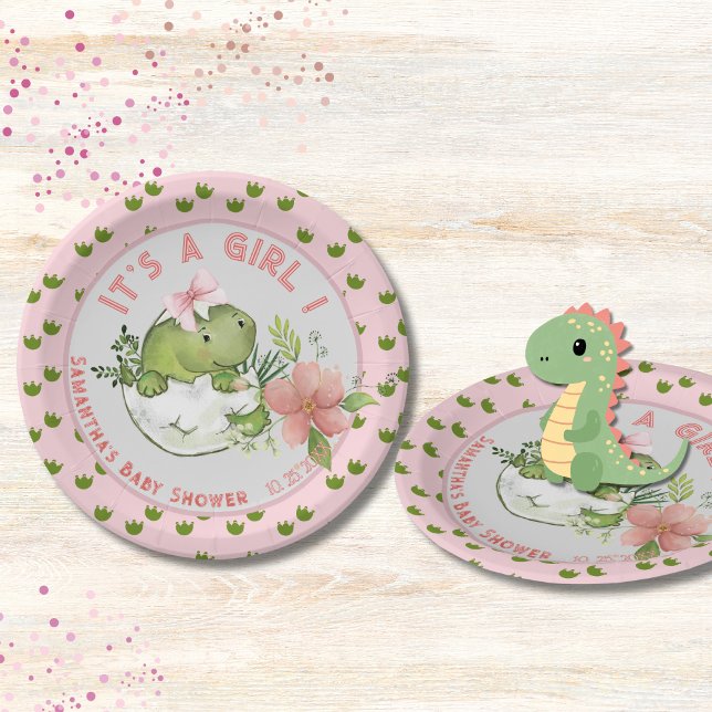Pratos de Babá Chique com Dinossauro Eclodindo com (Hatching Dino with Pink Bow Baby Shower Plates)